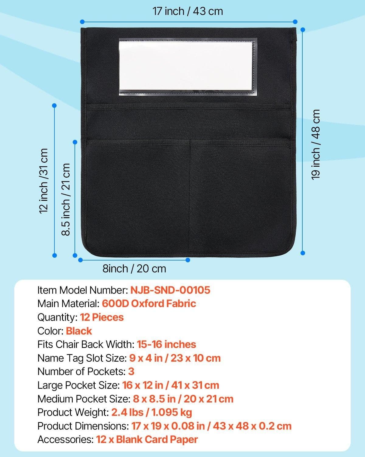 image-VEVOR Chair Pockets for Classroom, 12 Pack, 17 x 19 Inches Chairback Buddy Pocket with Name Tag, Back of Chair Organizer for Kids in Classroom, Kindergarten, School, and Home, Black