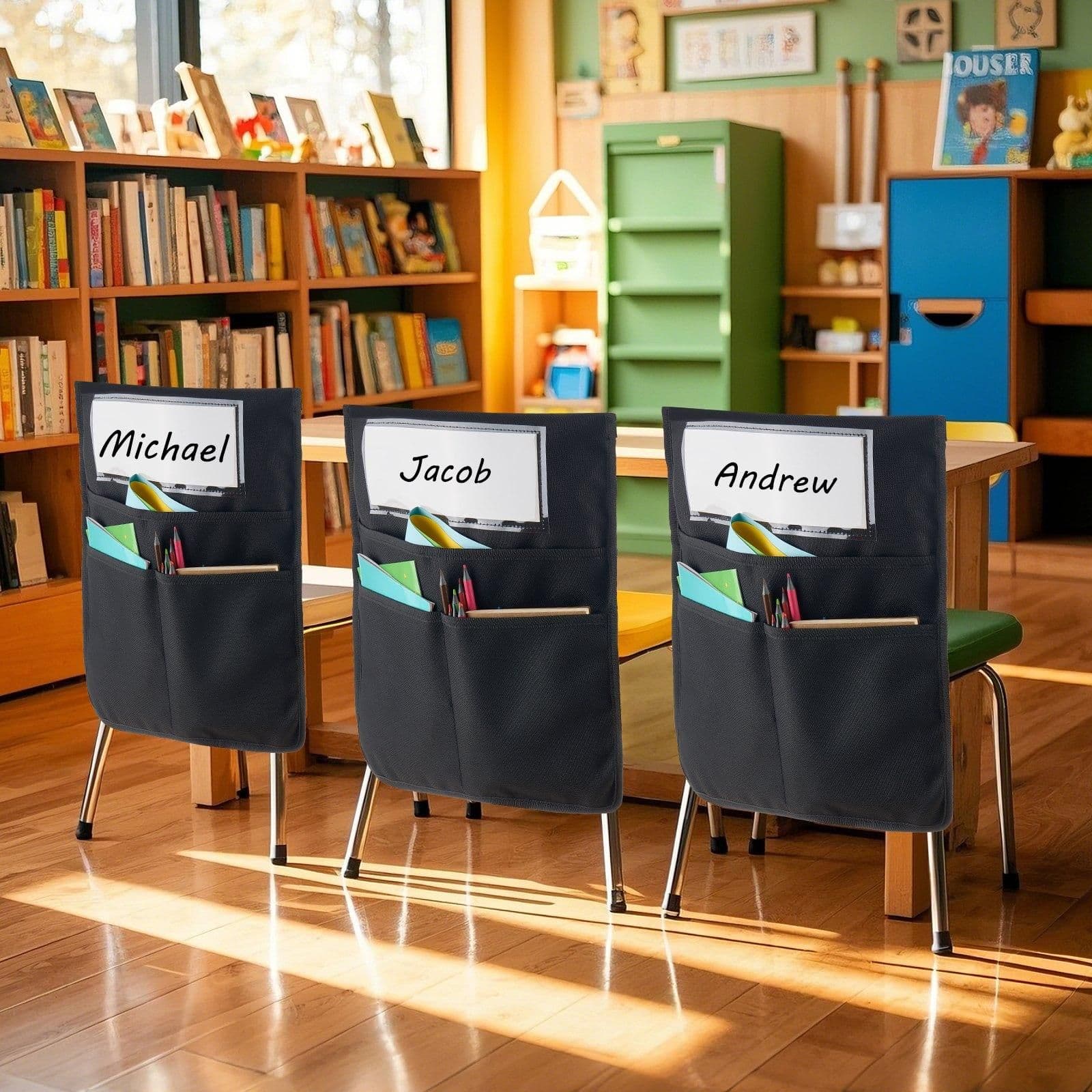 image-VEVOR Chair Pockets for Classroom, 12 Pack, 17 x 19 Inches Chairback Buddy Pocket with Name Tag, Back of Chair Organizer for Kids in Classroom, Kindergarten, School, and Home, Black