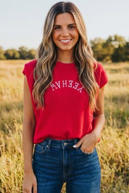 image-Fiery Red YEEHAW Embroidered Letter Loose Short Sleeve Sweater