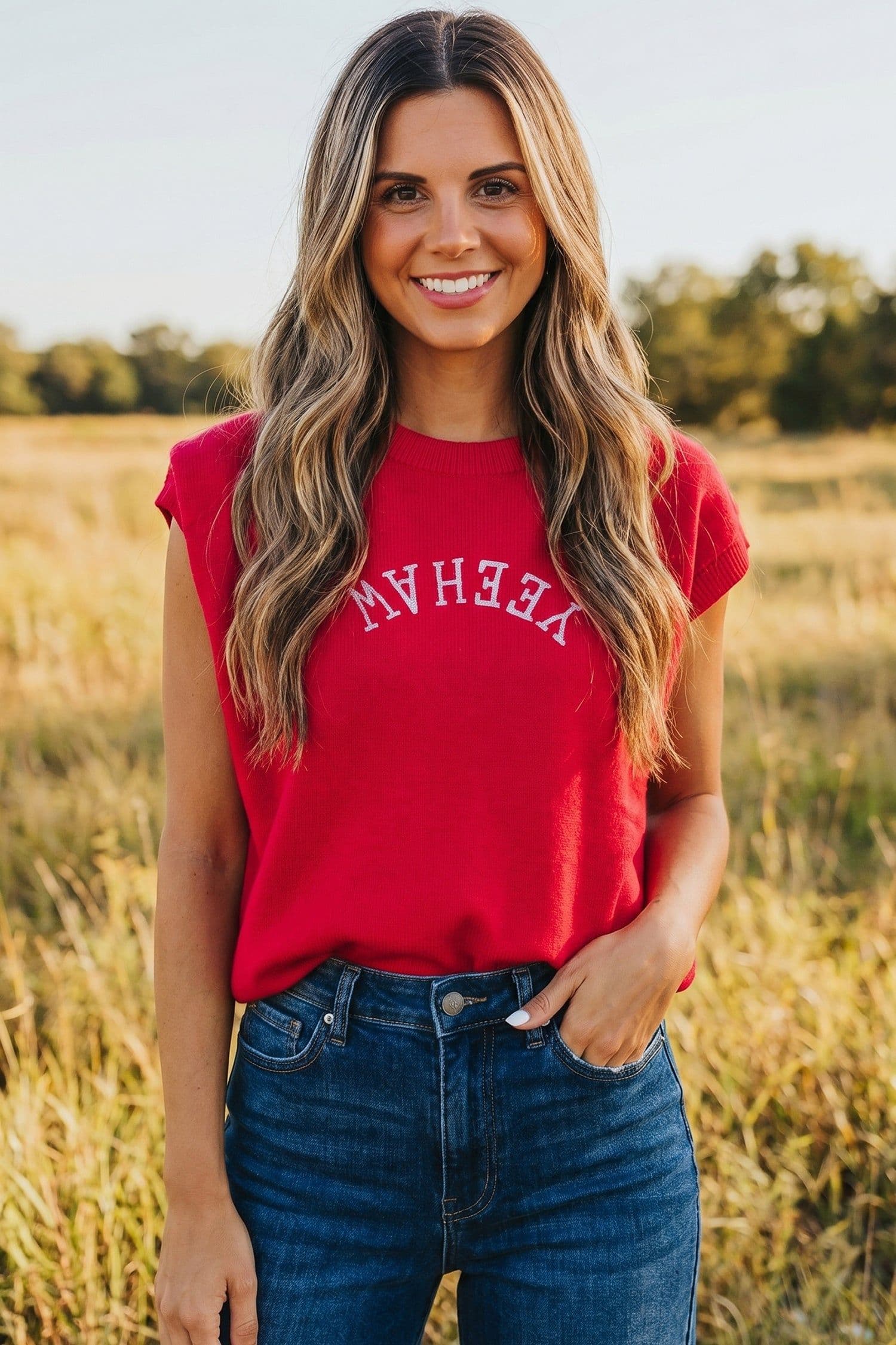 image-Fiery Red YEEHAW Embroidered Letter Loose Short Sleeve Sweater