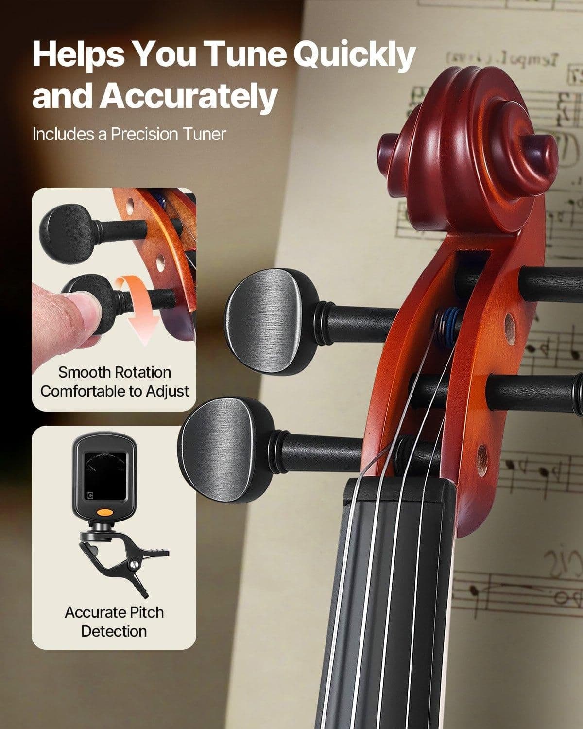 image-VEVOR Violin 4/4 Full Size for Adults, Violin Fiddle Set for Beginners with Hard Case, Rosin, Bow, Shoulder Rest, Bridge, Tuner and Extra Strings, Professional Musical Instruments for Student (Brown)
