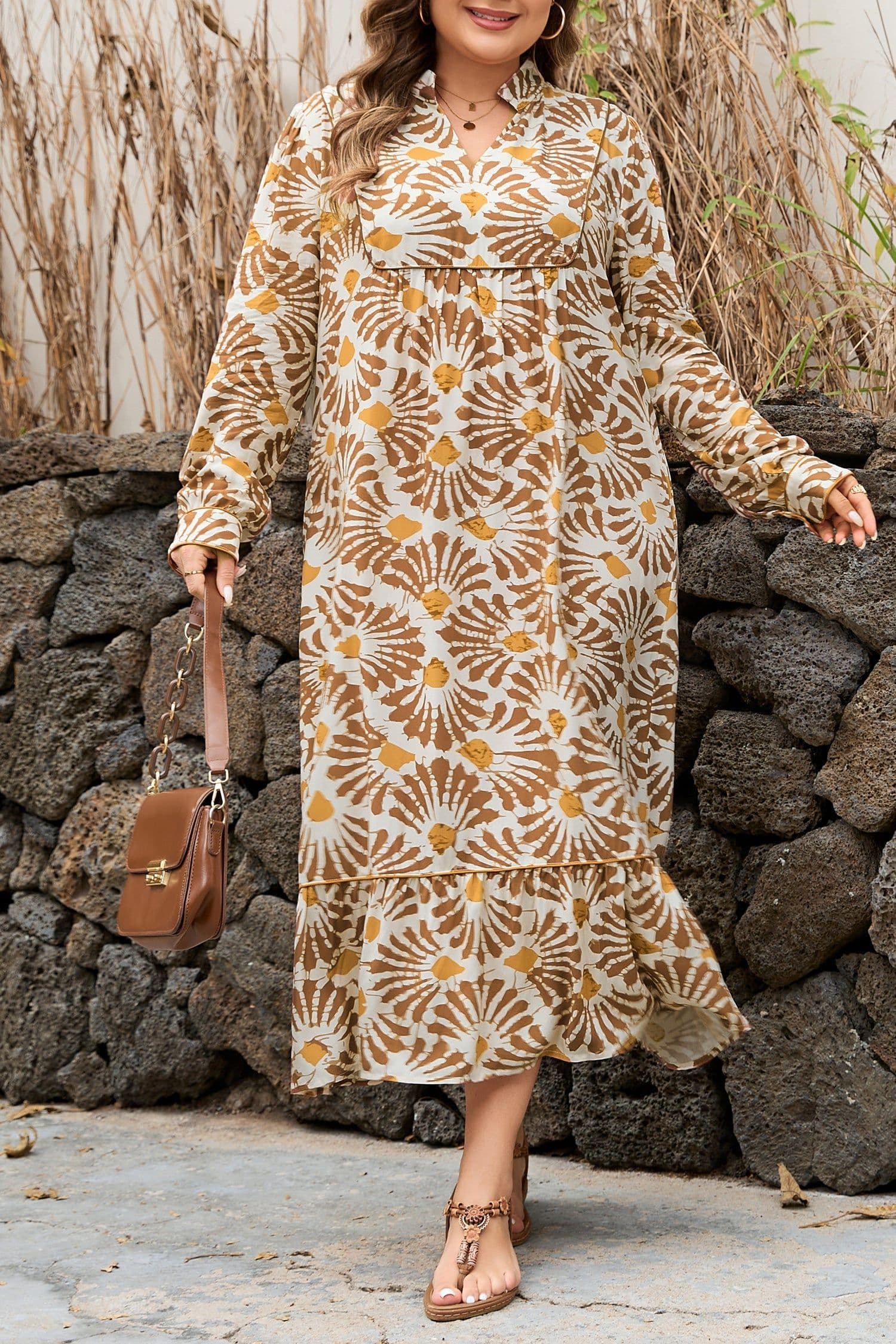image-Khaki Abstract Plant Print Plus Size Maxi Dress