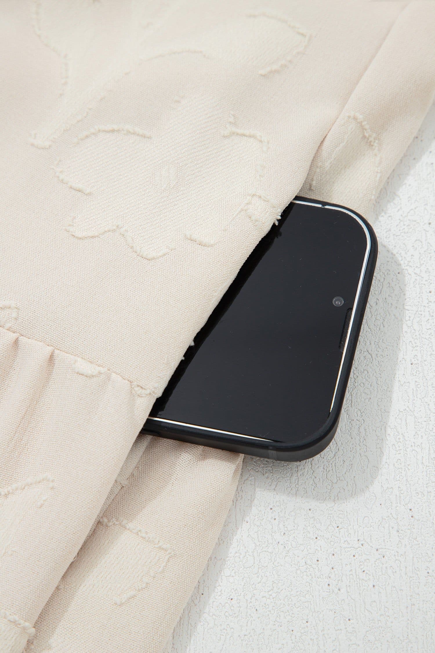 image-Parchment Long Sleeve Notched Neck Jacquard Tiered Mini Dress