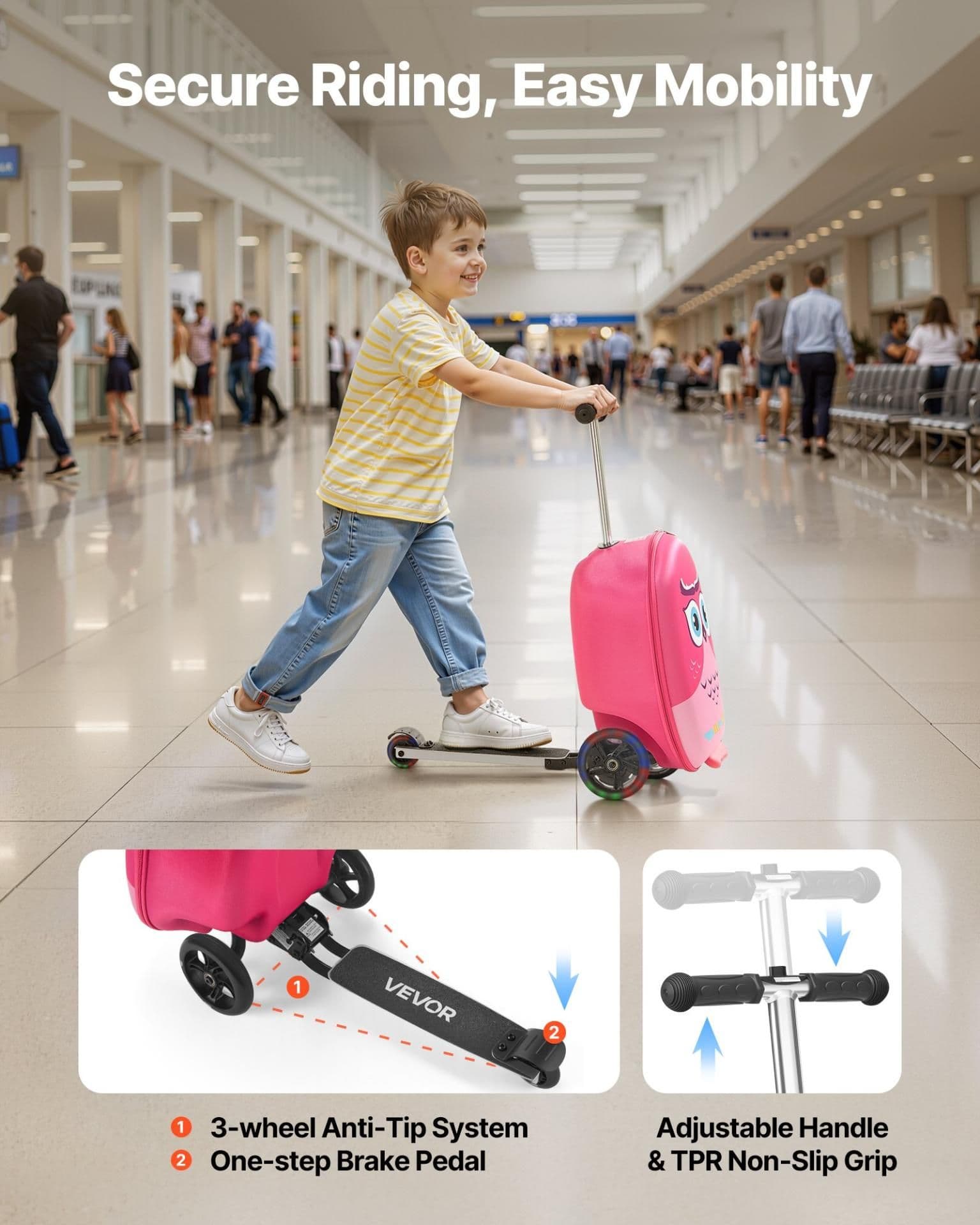 image-VEVOR Ride-on Luggage, 20 L Capacity, 20 Inches Kids Scooter Suitcase with Flash PU Wheels, Adjustable Handle & TPR Non-Slip Grip, Foldable & Lightweight Scooter Luggage for Kids Aged 5+, Pink