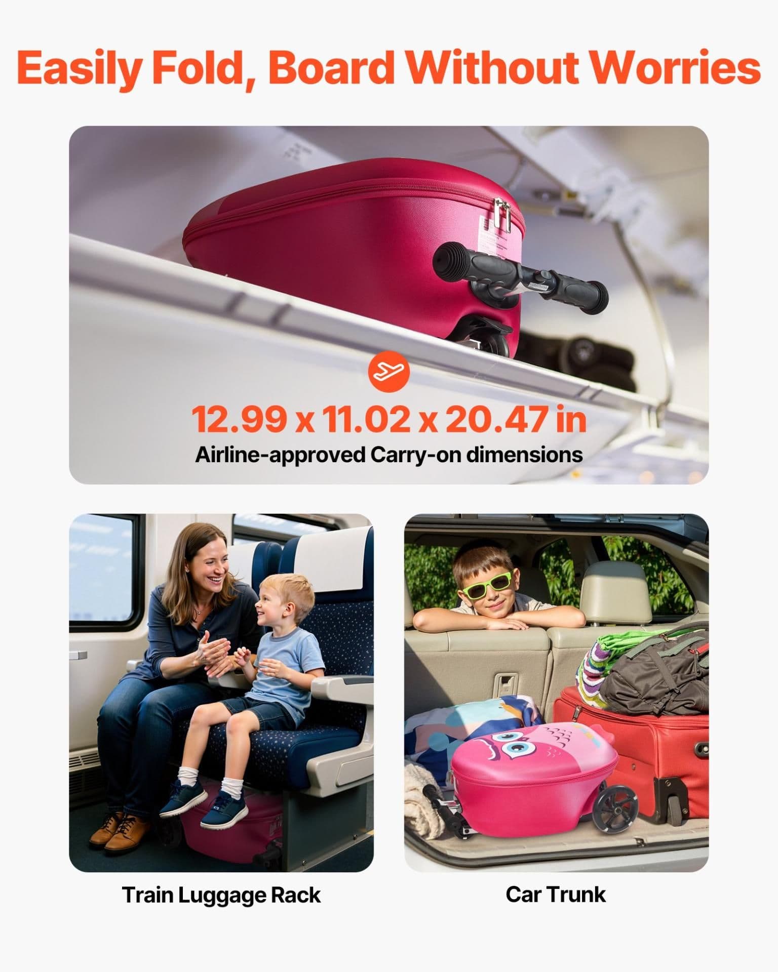 image-VEVOR Ride-on Luggage, 20 L Capacity, 20 Inches Kids Scooter Suitcase with Flash PU Wheels, Adjustable Handle & TPR Non-Slip Grip, Foldable & Lightweight Scooter Luggage for Kids Aged 5+, Pink