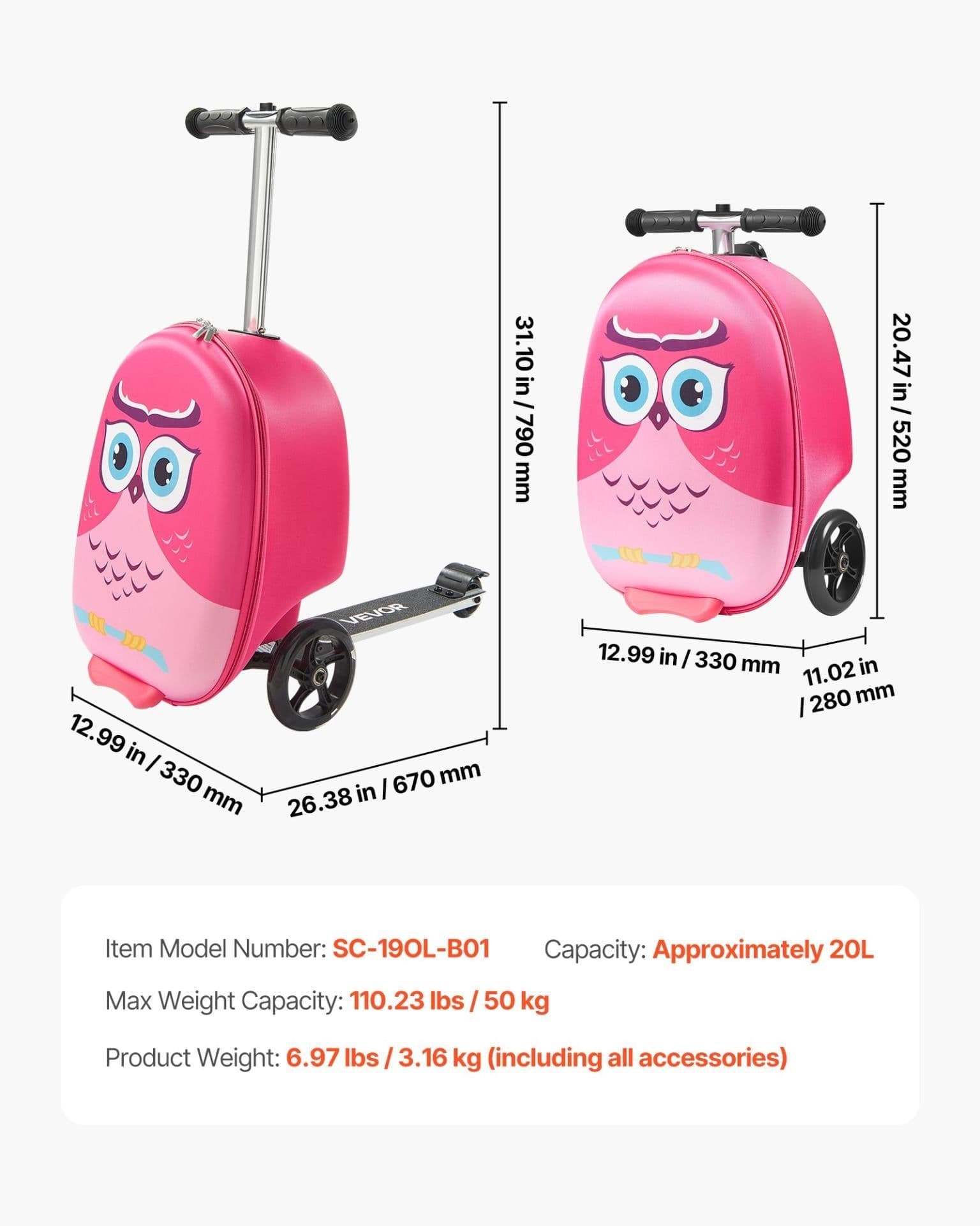 image-VEVOR Ride-on Luggage, 20 L Capacity, 20 Inches Kids Scooter Suitcase with Flash PU Wheels, Adjustable Handle & TPR Non-Slip Grip, Foldable & Lightweight Scooter Luggage for Kids Aged 5+, Pink
