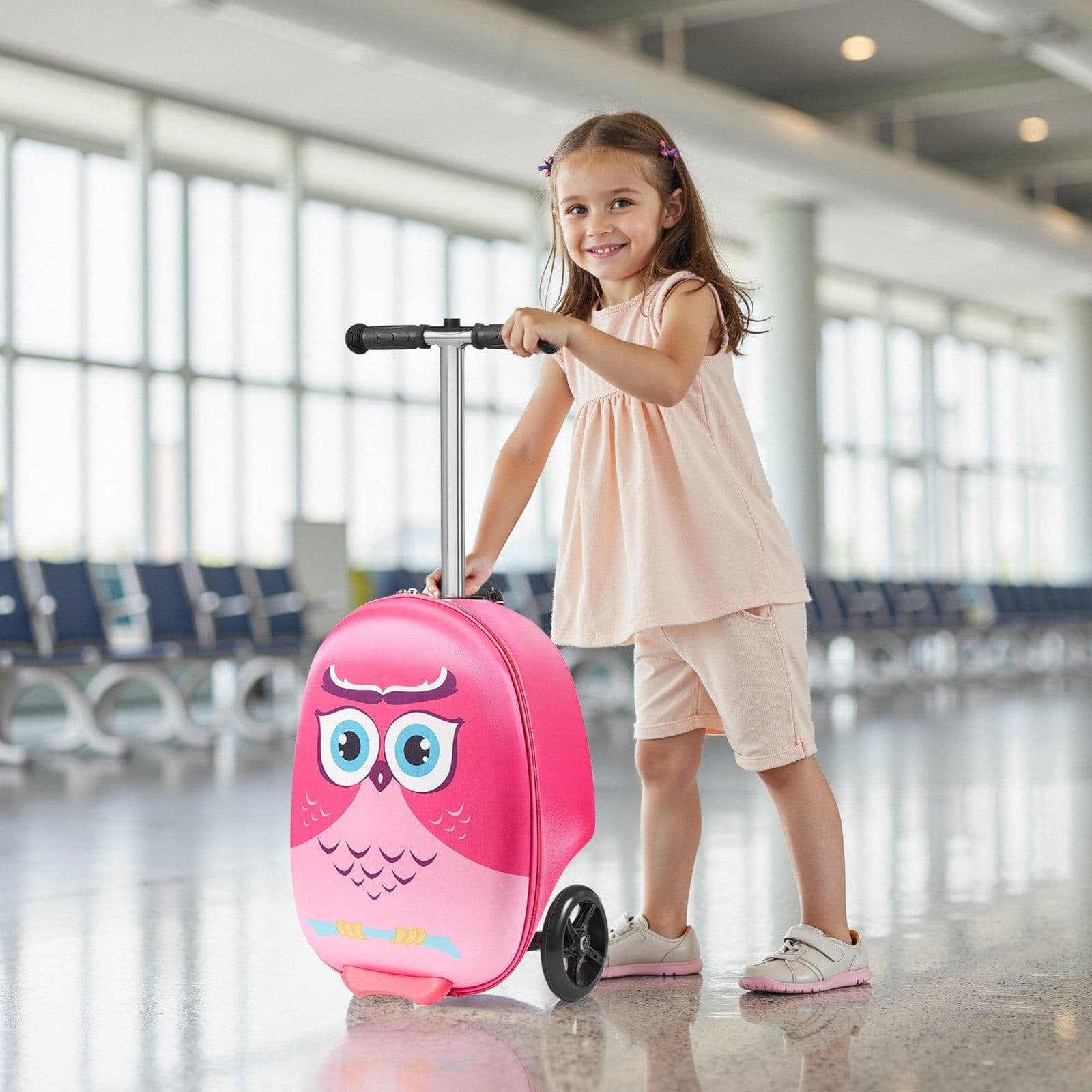 image-VEVOR Ride-on Luggage, 20 L Capacity, 20 Inches Kids Scooter Suitcase with Flash PU Wheels, Adjustable Handle & TPR Non-Slip Grip, Foldable & Lightweight Scooter Luggage for Kids Aged 5+, Pink