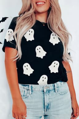 image-Pink Sequin Ghost Patch Halloween T-Shirt
