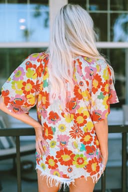 image-Multicolor Floral Print V Neck Half Sleeve Blouse