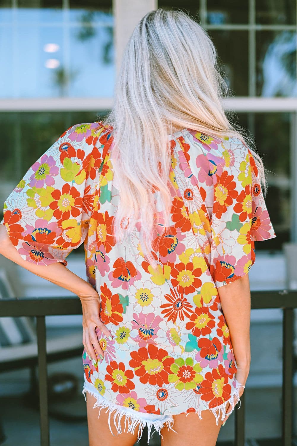 image-Multicolor Floral Print V Neck Half Sleeve Blouse
