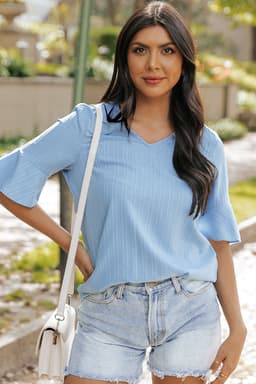 image-Peach Blossom Ruffled Half Sleeve V Neck Textured Top