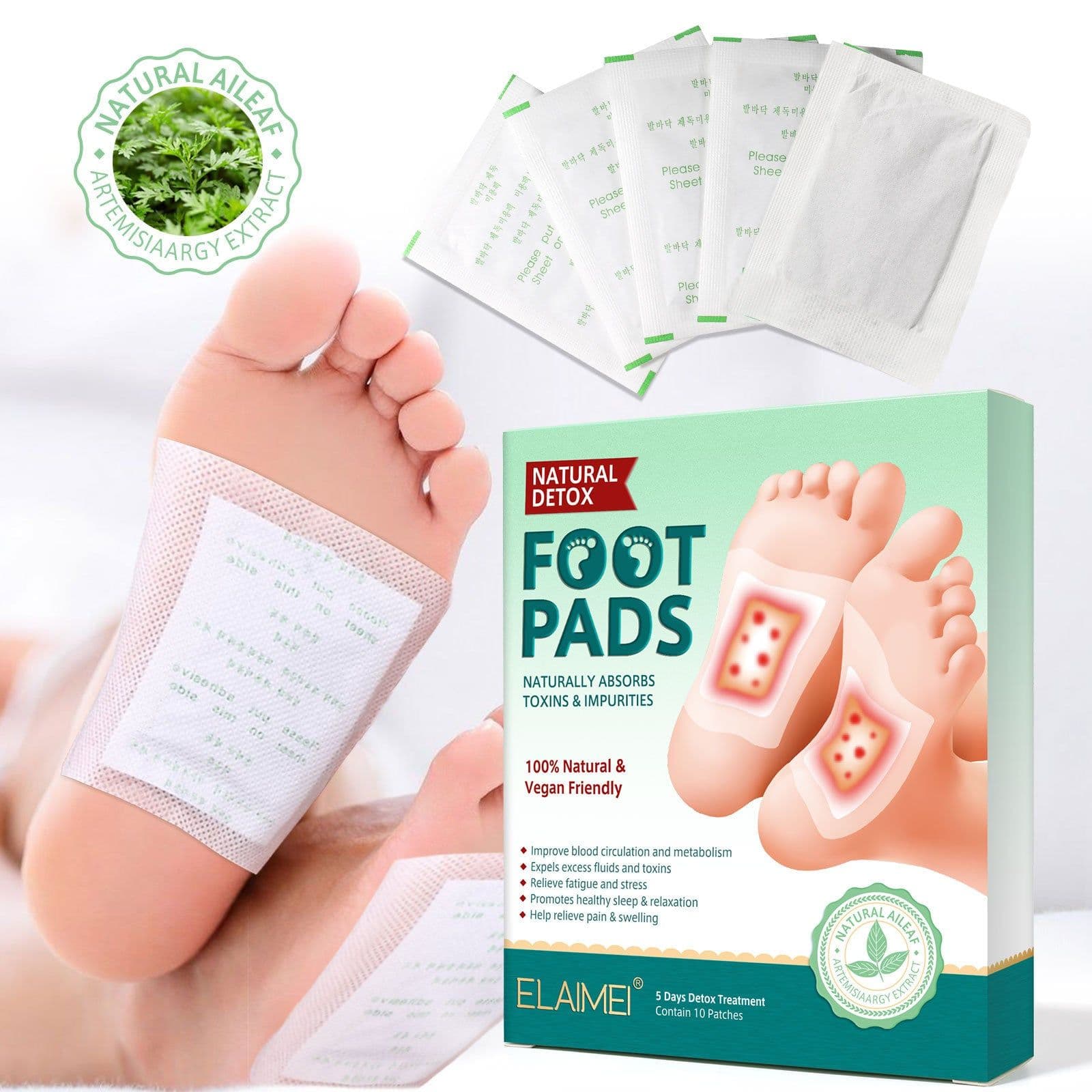 image-Cross-border ELAIMEI Foot Patches Moisture Removal, Wormwood, Bamboo Vinegar, Ginger Foot Patches 10 Patches Boxes are authorized to improve sleep