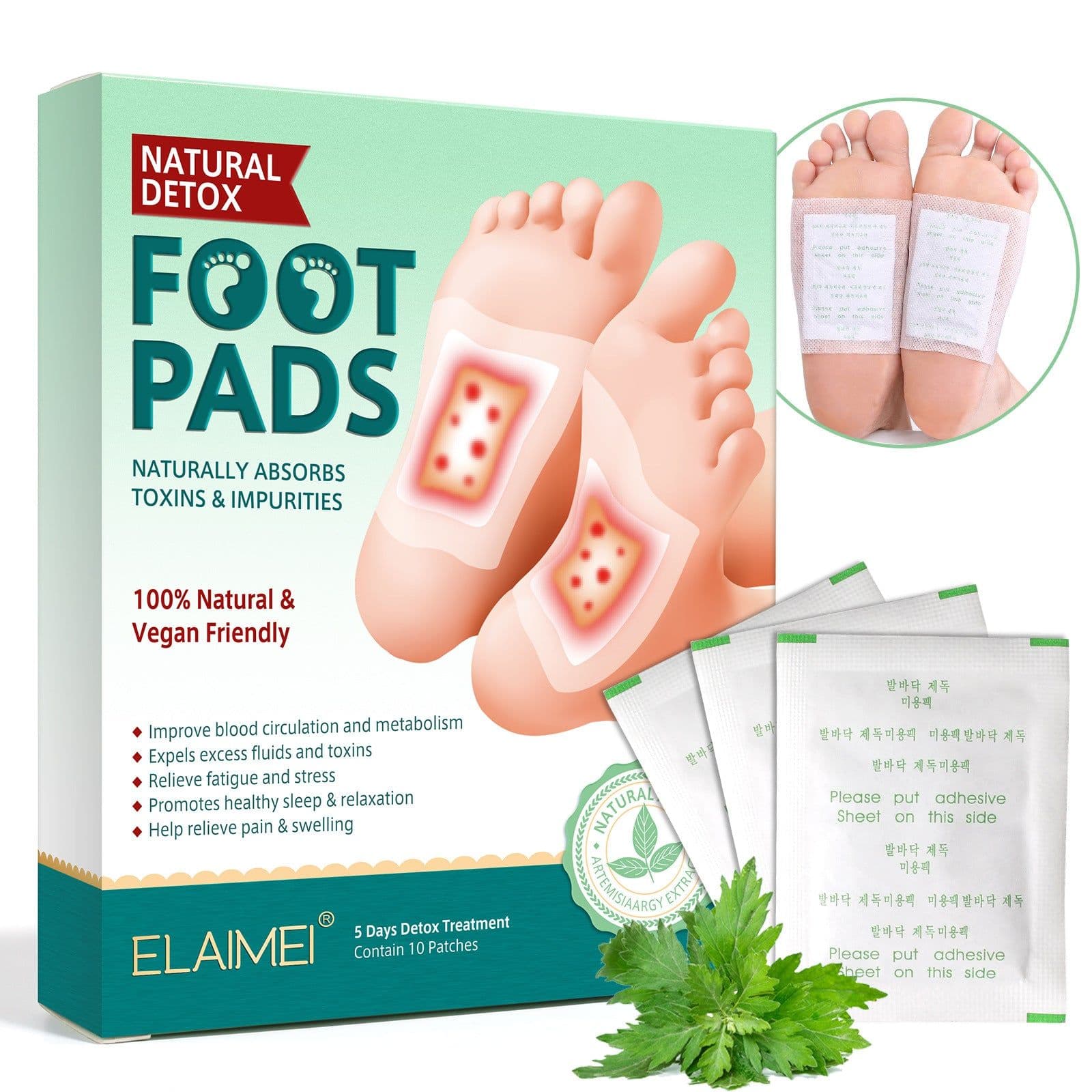 image-Cross-border ELAIMEI Foot Patches Moisture Removal, Wormwood, Bamboo Vinegar, Ginger Foot Patches 10 Patches Boxes are authorized to improve sleep