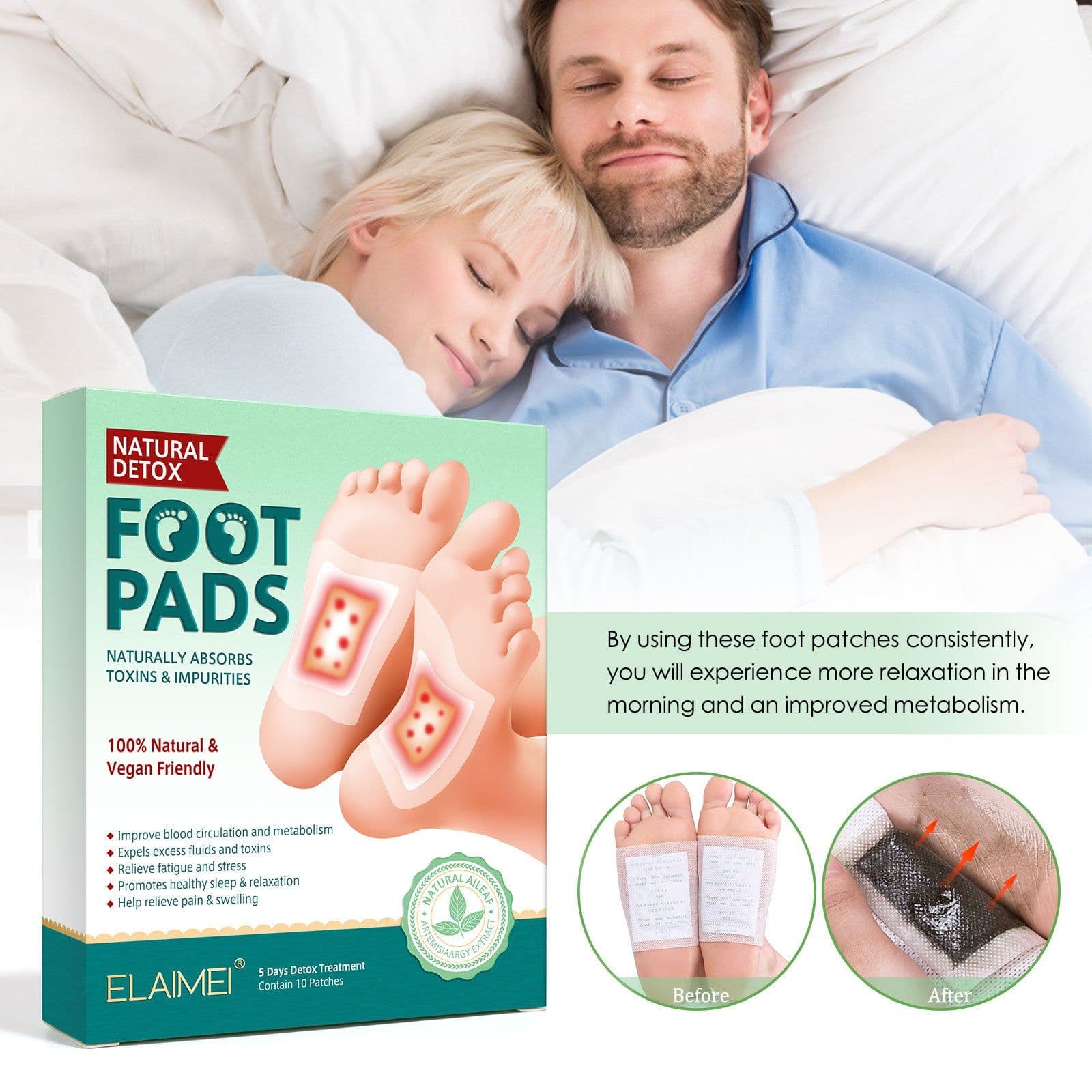 image-Cross-border ELAIMEI Foot Patches Moisture Removal, Wormwood, Bamboo Vinegar, Ginger Foot Patches 10 Patches Boxes are authorized to improve sleep