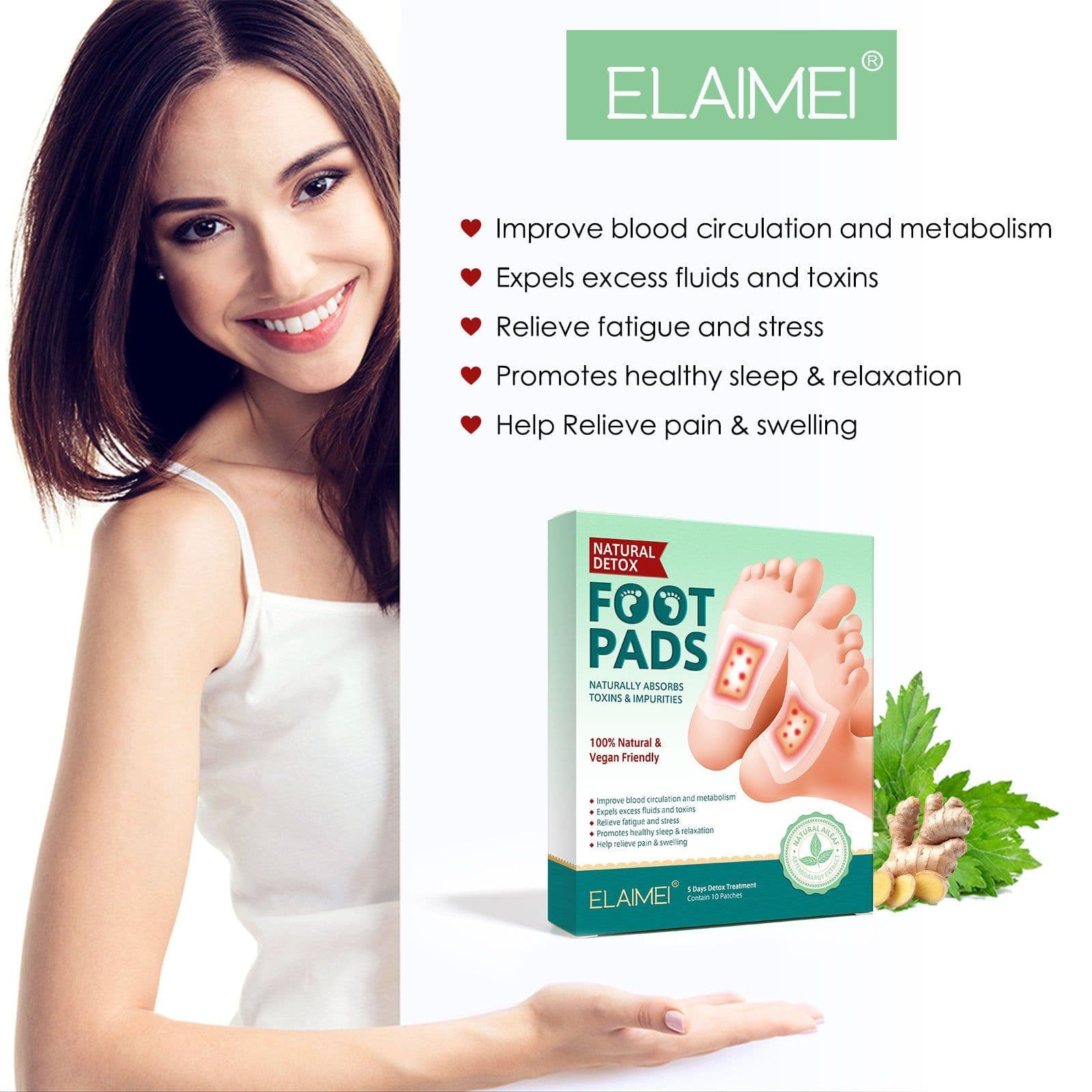 image-Cross-border ELAIMEI Foot Patches Moisture Removal, Wormwood, Bamboo Vinegar, Ginger Foot Patches 10 Patches Boxes are authorized to improve sleep