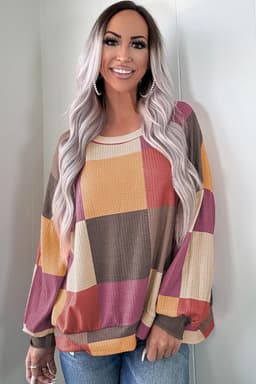 image-Rose Red Checkered Print Textured Knit Long Sleeve Loose Top