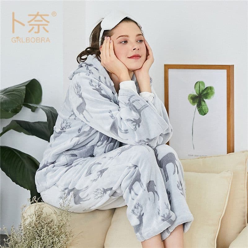 image-Bu Nai Winter Pajamas Set - Flannel V-Neck Long Sleeve