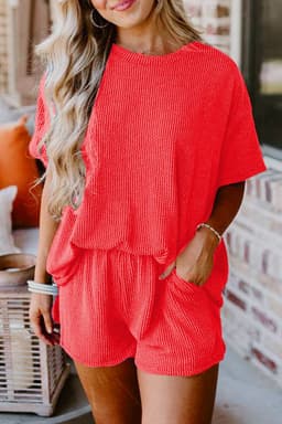 image-Orange Ribbed Textured Knit Loose Fit Tee and Shorts Set