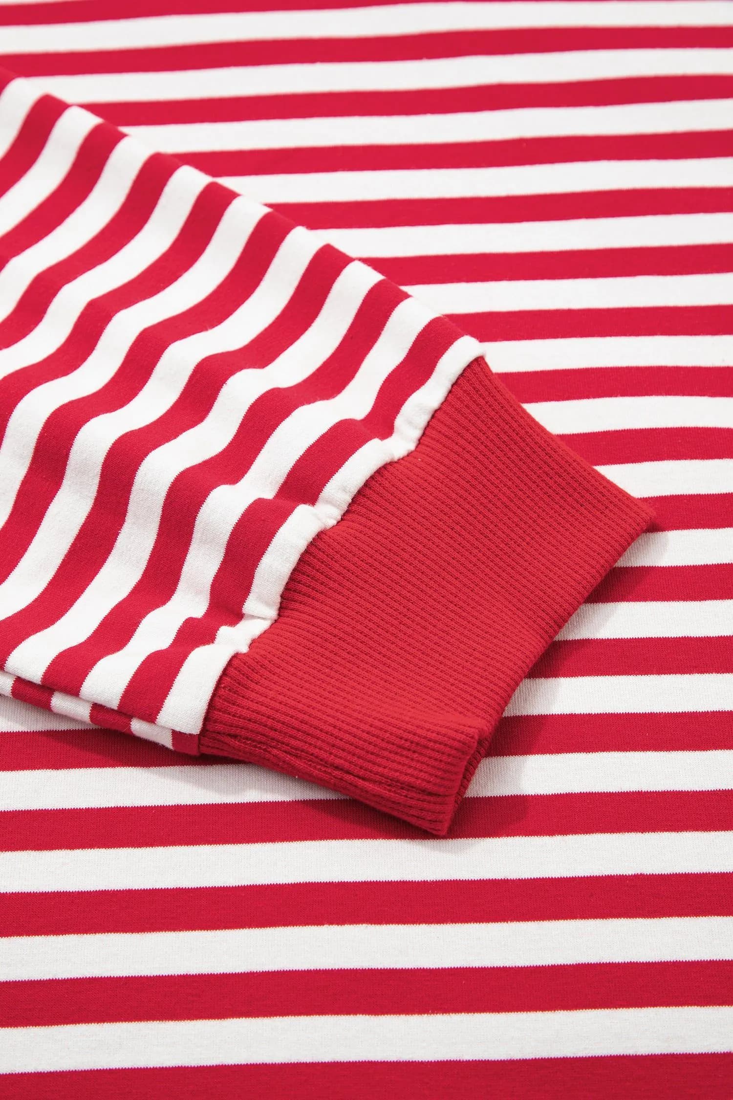image-Red Stripe V Neck Balloon Sleeve Pullover