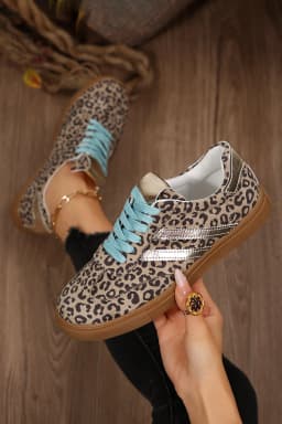 image-Leopard Print Faux Suede Lace Up Sneakers - Coffee Brown