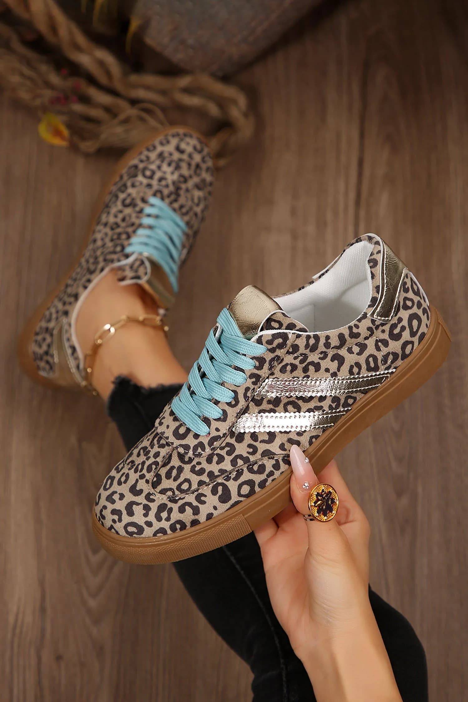image-Leopard Print Faux Suede Lace Up Sneakers - Coffee Brown