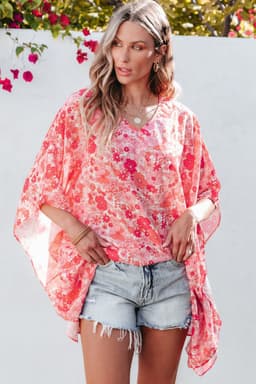 image-Pink Boho Floral V Neck Kimono Blouse - Oversized