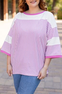 image-Pink Stripe Patchwork Plus Size T-Shirt
