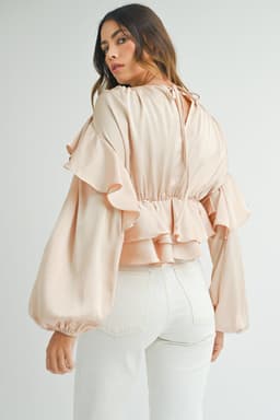 image-Oatmeal Ruffled Peplum Blouse - Keyhole Back, Size S-XL