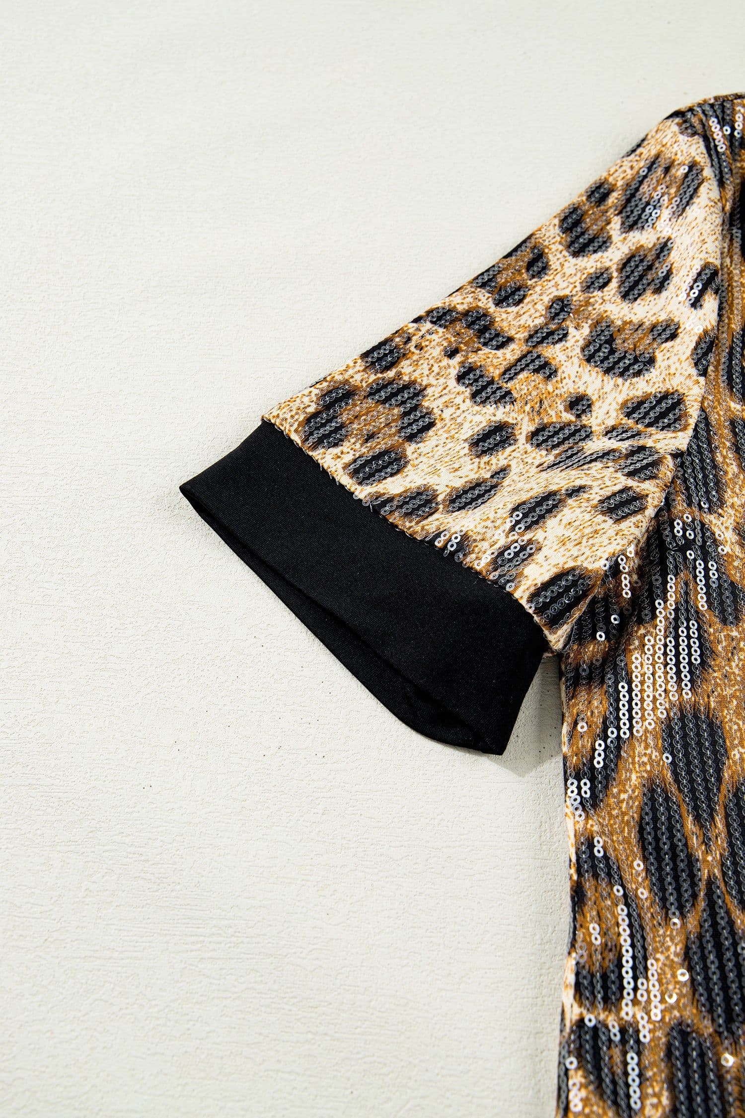 image-Brown Sequin Leopard Pattern Short Sleeve Top