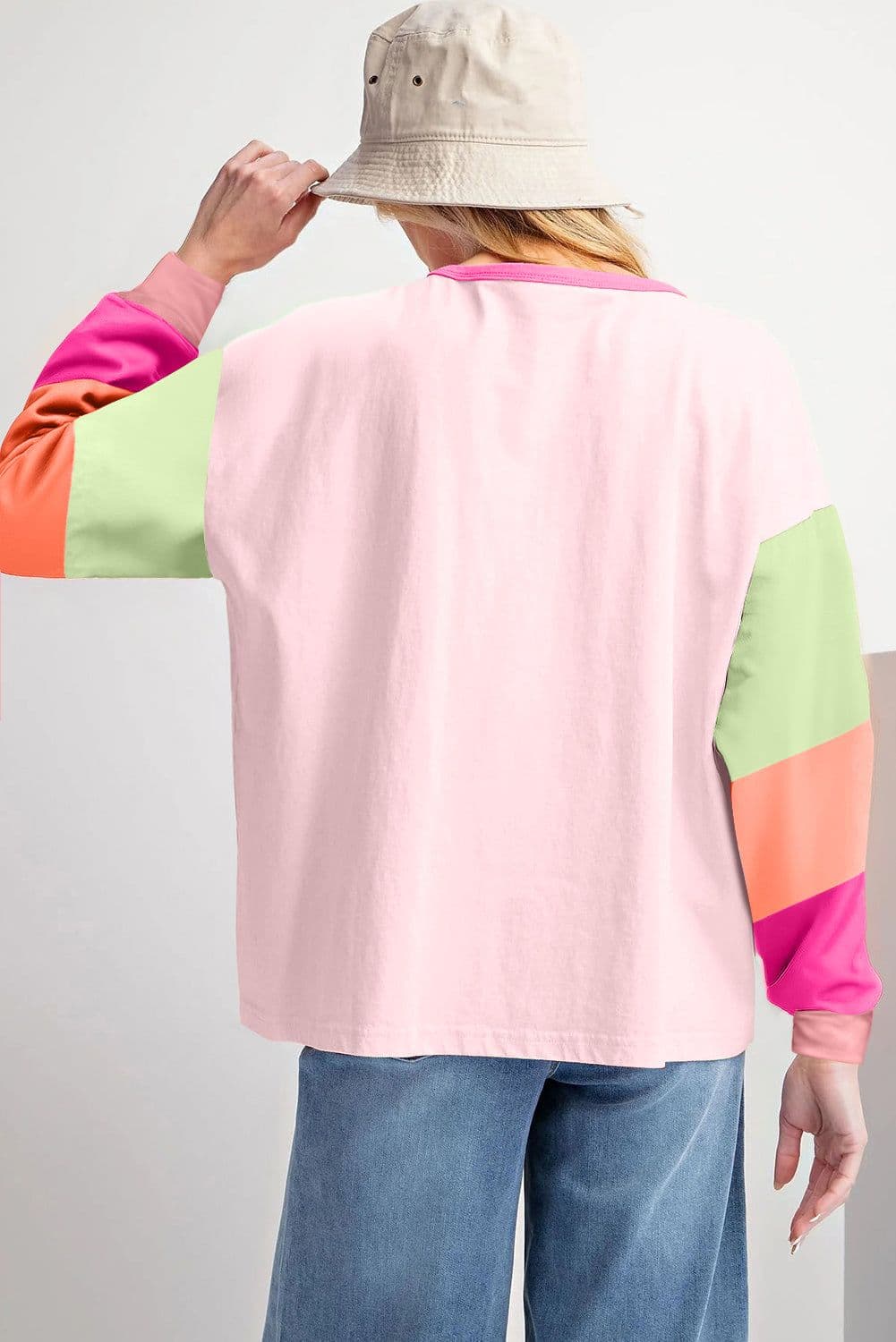 image-Dark Blue Colorblock Patchwork Long Sleeve Loose Top