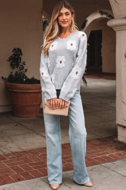 image-Gray Flower Print V Neck Baggy Sweater