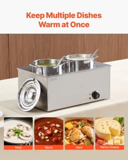 image-VEVOR Electric Soup Warmer, Two 6.34QT Stainless Steel Round Pot with 86~185°F Adjustable Temp, 1200W Commercial Bain Marie Compatible with Pans, Soup Station for Restaurant, Buffet