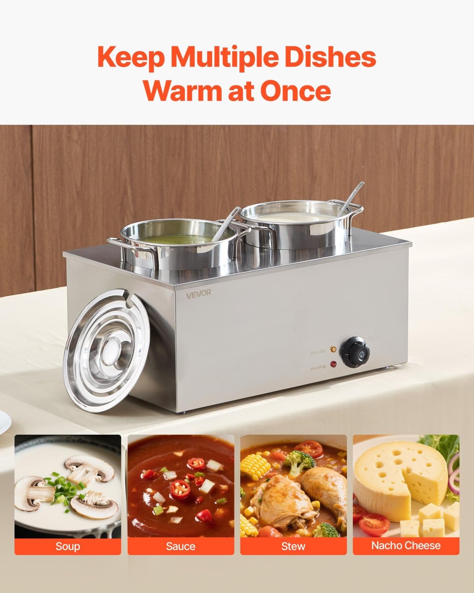 image-VEVOR Electric Soup Warmer, Two 6.34QT Stainless Steel Round Pot with 86~185°F Adjustable Temp, 1200W Commercial Bain Marie Compatible with Pans, Soup Station for Restaurant, Buffet