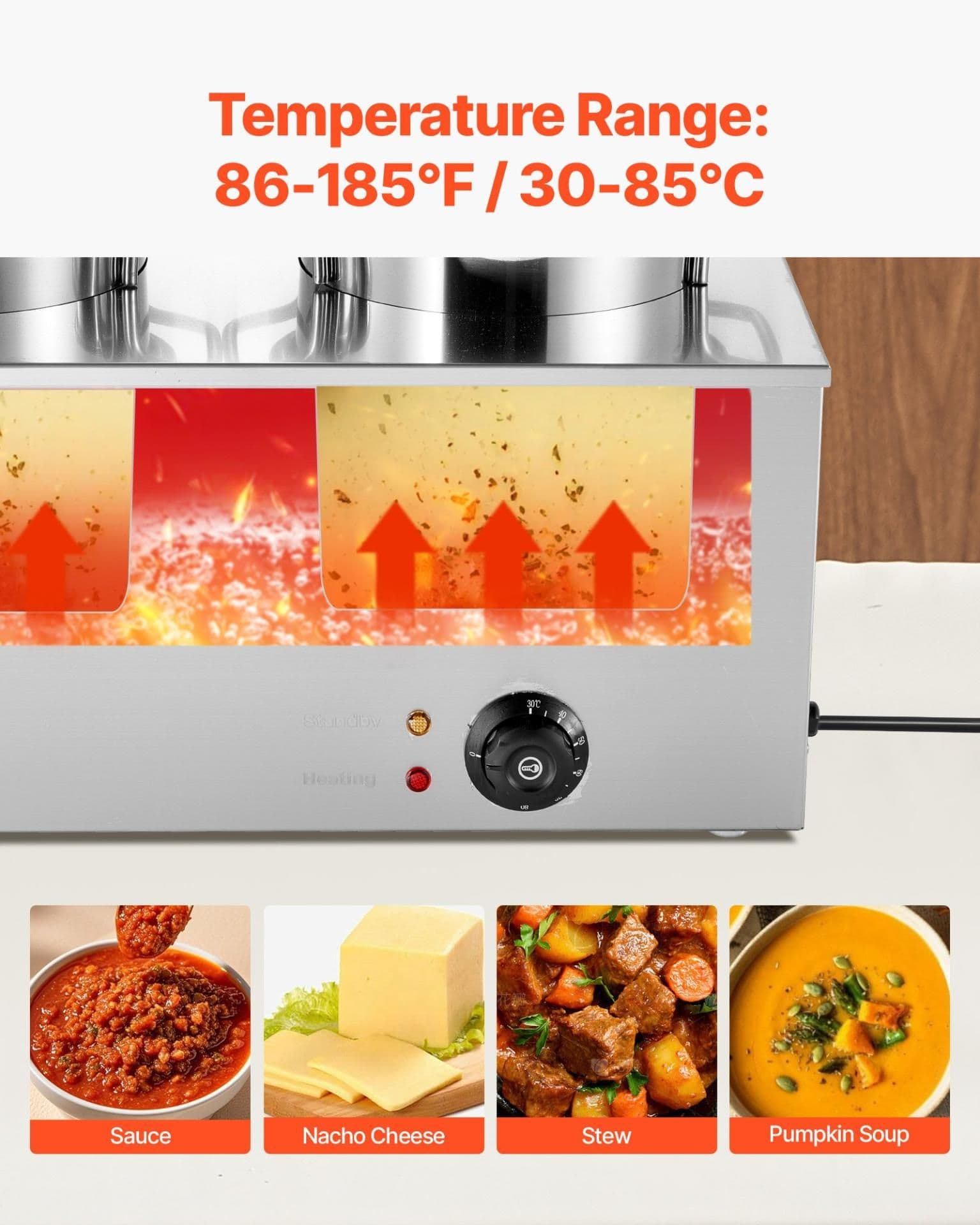 image-VEVOR Electric Soup Warmer, Two 6.34QT Stainless Steel Round Pot with 86~185°F Adjustable Temp, 1200W Commercial Bain Marie Compatible with Pans, Soup Station for Restaurant, Buffet