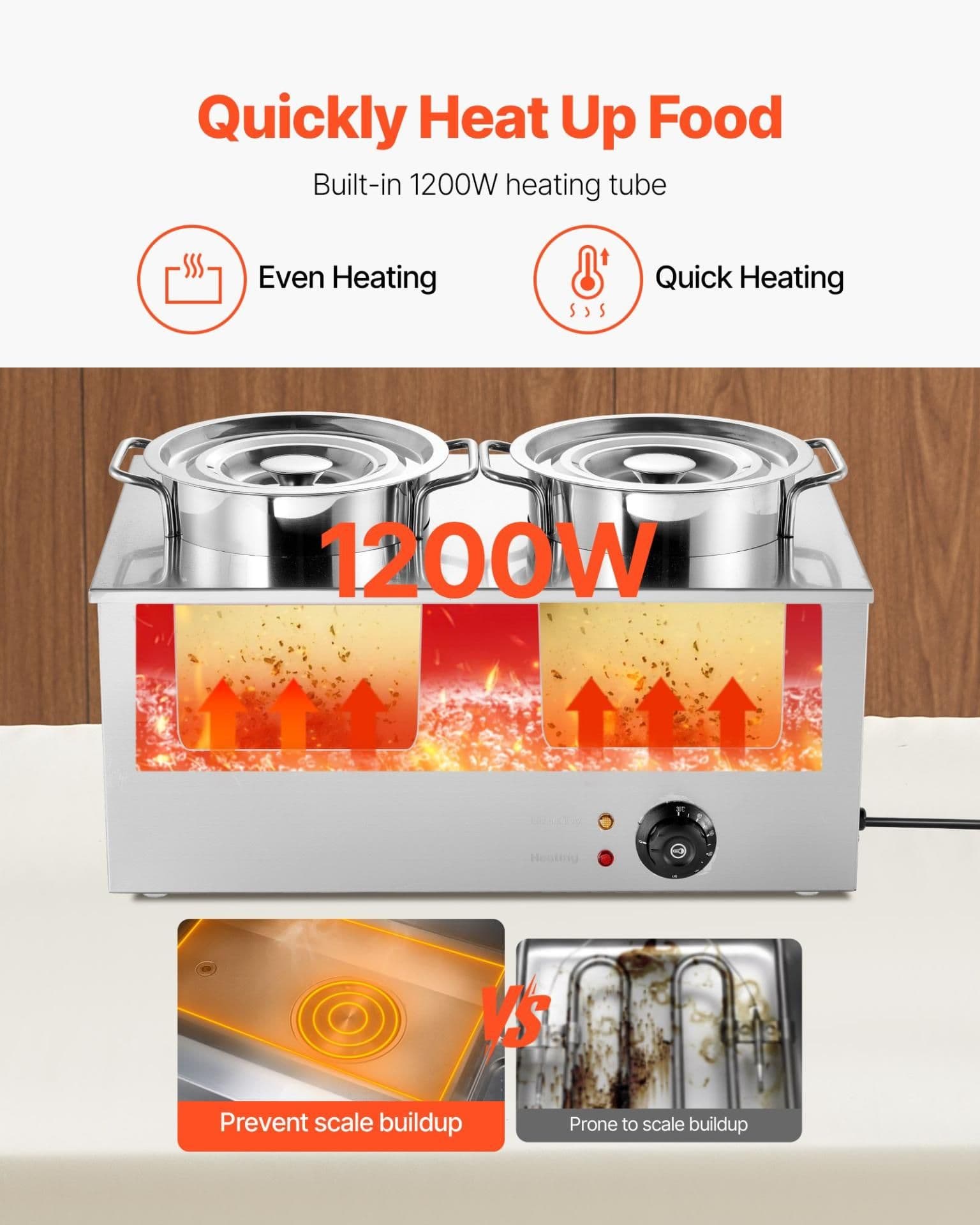 image-VEVOR Electric Soup Warmer, Two 6.34QT Stainless Steel Round Pot with 86~185°F Adjustable Temp, 1200W Commercial Bain Marie Compatible with Pans, Soup Station for Restaurant, Buffet