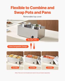 image-VEVOR Electric Soup Warmer, Two 6.34QT Stainless Steel Round Pot with 86~185°F Adjustable Temp, 1200W Commercial Bain Marie Compatible with Pans, Soup Station for Restaurant, Buffet