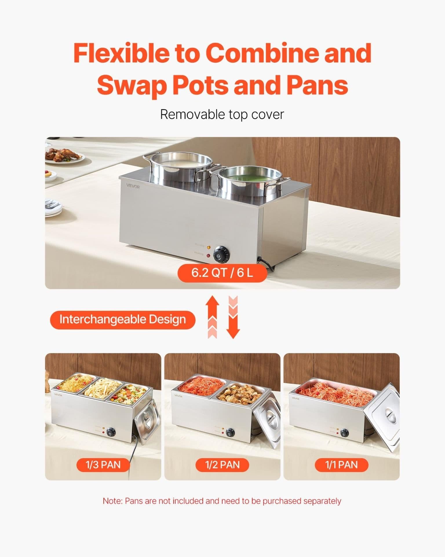 image-VEVOR Electric Soup Warmer, Two 6.34QT Stainless Steel Round Pot with 86~185°F Adjustable Temp, 1200W Commercial Bain Marie Compatible with Pans, Soup Station for Restaurant, Buffet