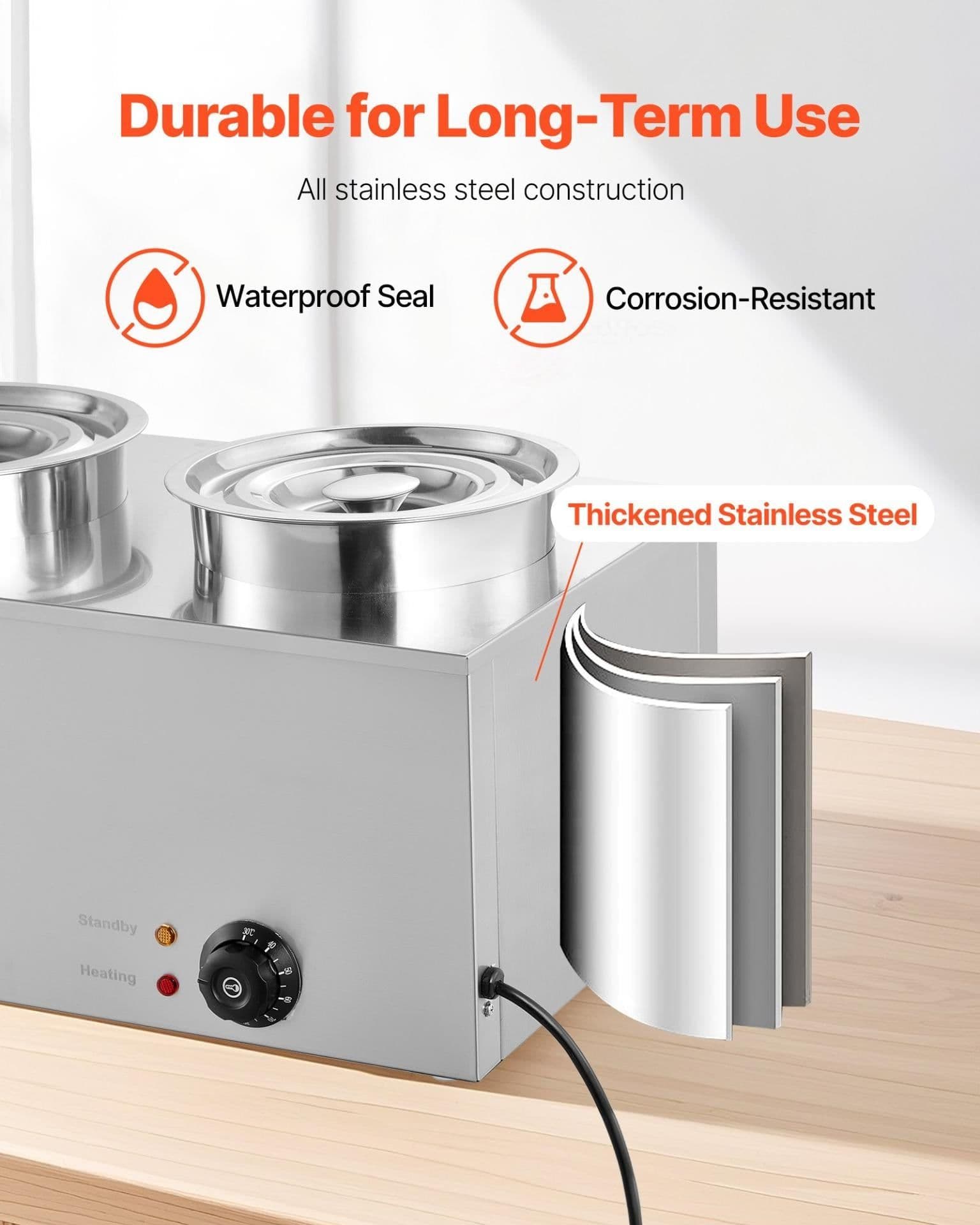 image-VEVOR Electric Soup Warmer, Two 6.34QT Stainless Steel Round Pot with 86~185°F Adjustable Temp, 1200W Commercial Bain Marie Compatible with Pans, Soup Station for Restaurant, Buffet