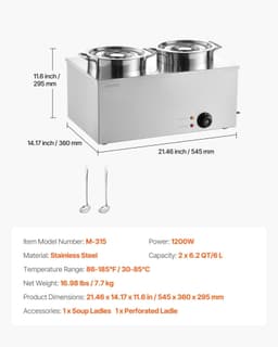 image-VEVOR Electric Soup Warmer, Two 6.34QT Stainless Steel Round Pot with 86~185°F Adjustable Temp, 1200W Commercial Bain Marie Compatible with Pans, Soup Station for Restaurant, Buffet