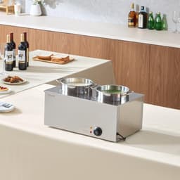image-VEVOR Electric Soup Warmer, Two 6.34QT Stainless Steel Round Pot with 86~185°F Adjustable Temp, 1200W Commercial Bain Marie Compatible with Pans, Soup Station for Restaurant, Buffet