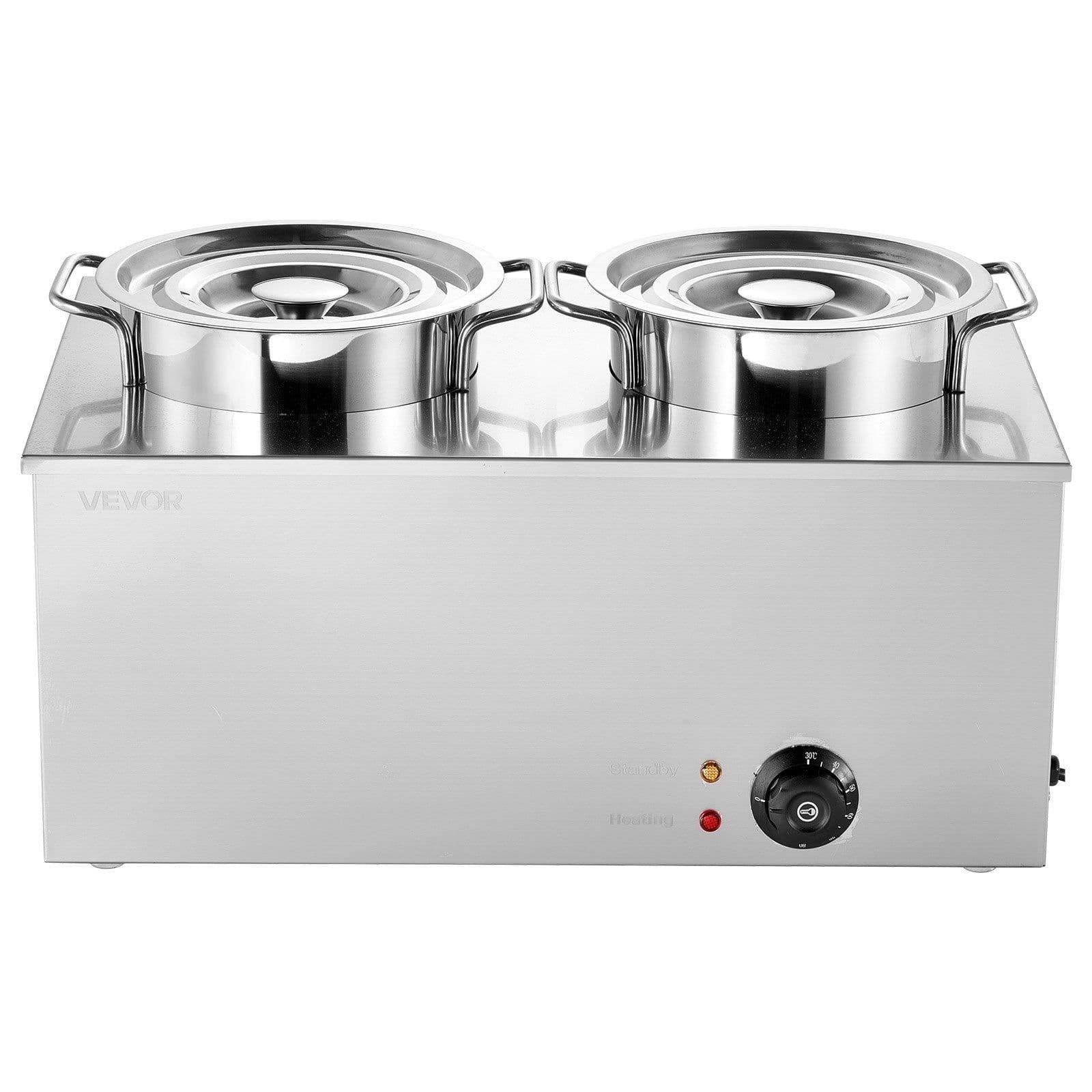 image-VEVOR Electric Soup Warmer, Two 6.34QT Stainless Steel Round Pot with 86~185°F Adjustable Temp, 1200W Commercial Bain Marie Compatible with Pans, Soup Station for Restaurant, Buffet