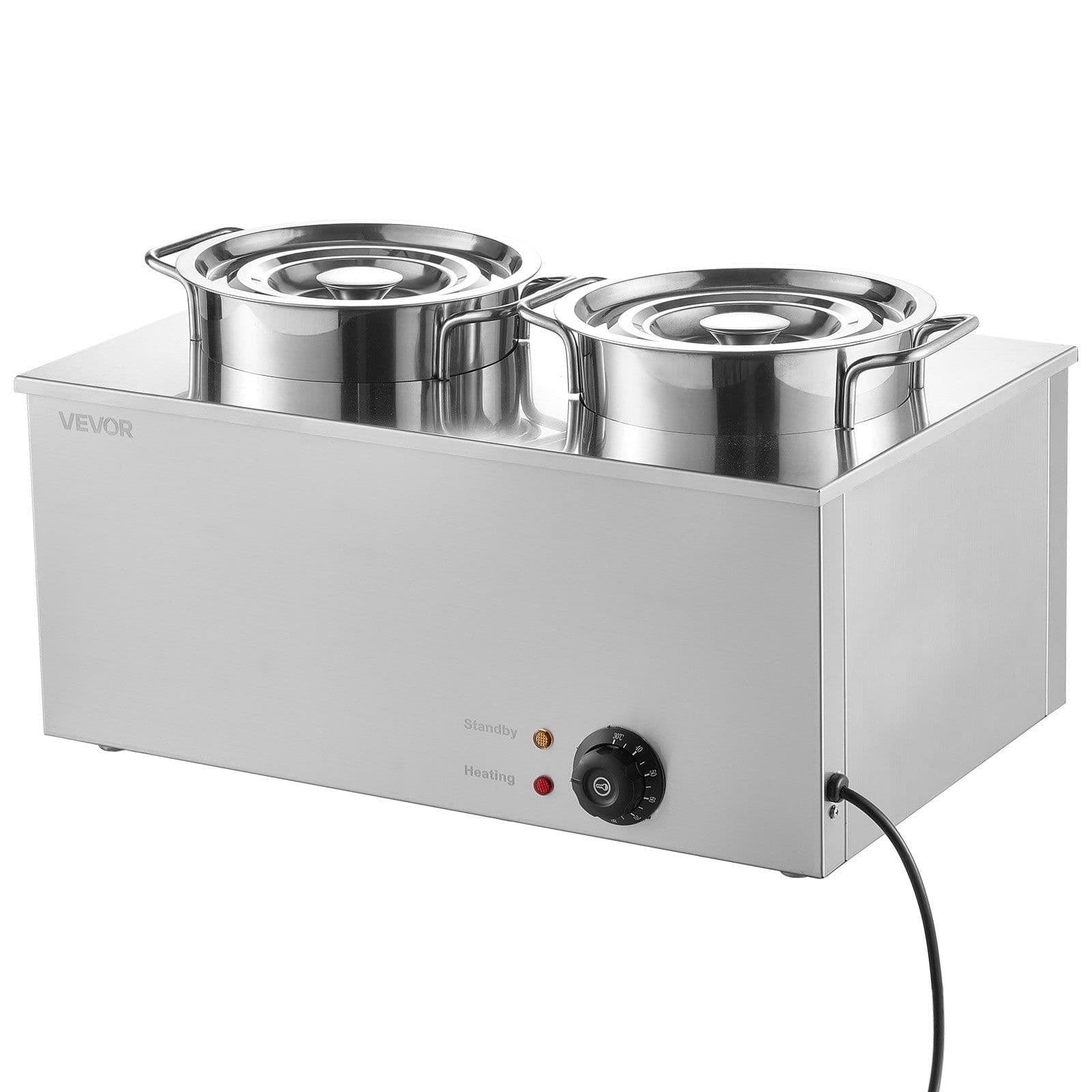 image-VEVOR Electric Soup Warmer, Two 6.34QT Stainless Steel Round Pot with 86~185°F Adjustable Temp, 1200W Commercial Bain Marie Compatible with Pans, Soup Station for Restaurant, Buffet