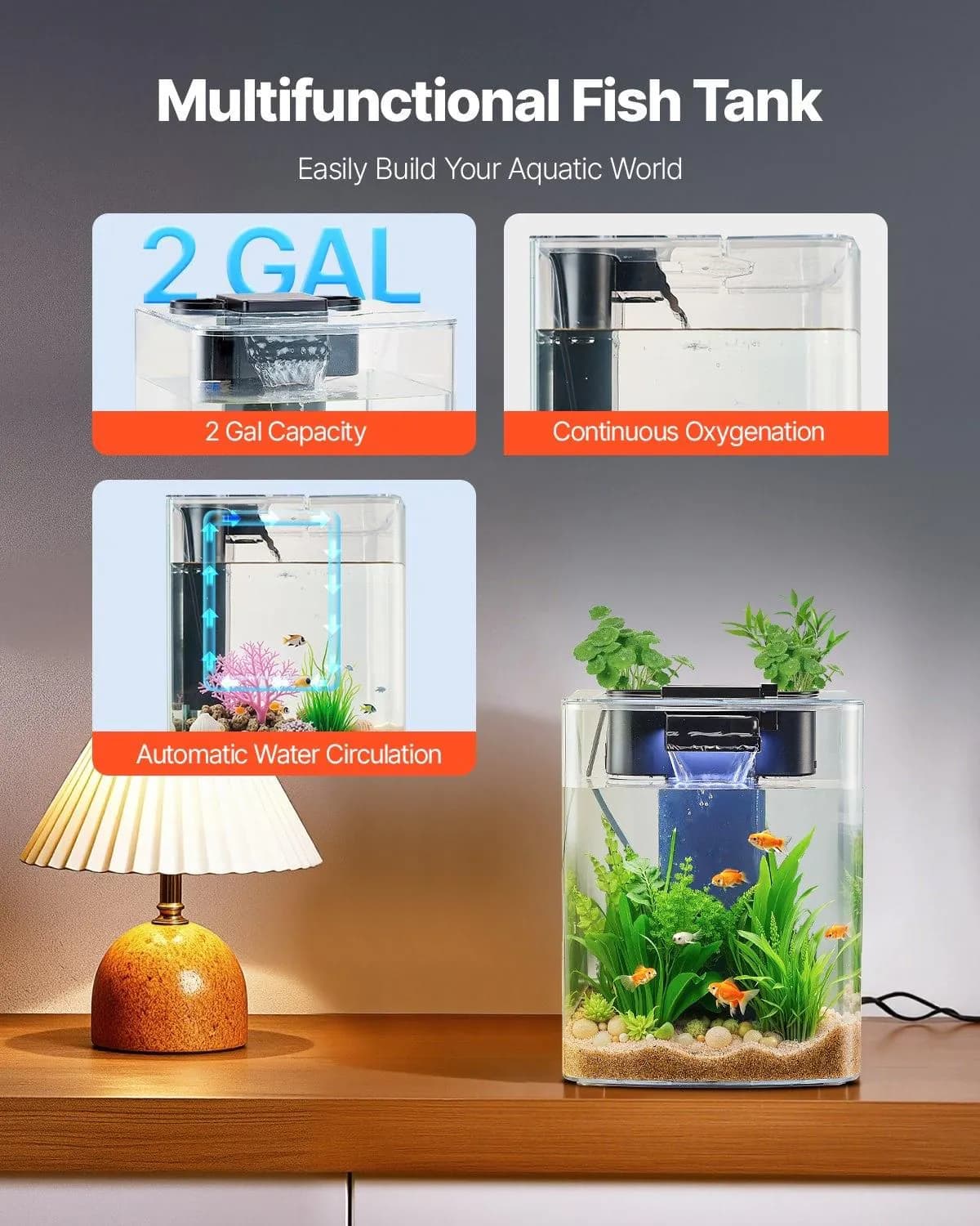 image-VEVOR Fish Tank Aquarium, 2 Gallon Arch Ultra-Clear GPPS Starter Smart Tank Adjustable 3 Color Lighting, Self Cleaning System Fishbowl for Freshwater & Saltwater Fish Home, Office, or Pet Use