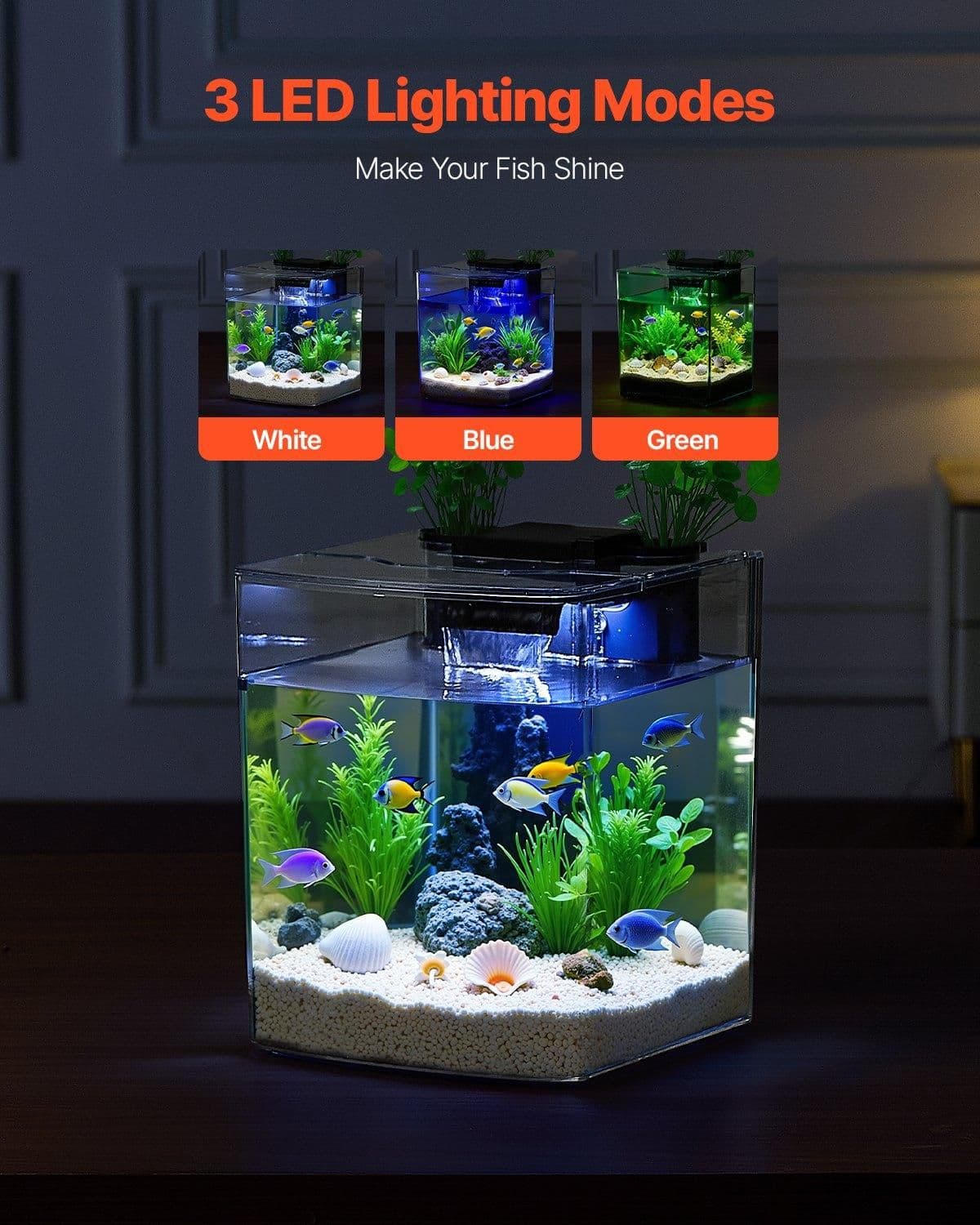 image-VEVOR Fish Tank Aquarium, 2 Gallon Arch Ultra-Clear GPPS Starter Smart Tank Adjustable 3 Color Lighting, Self Cleaning System Fishbowl for Freshwater & Saltwater Fish Home, Office, or Pet Use
