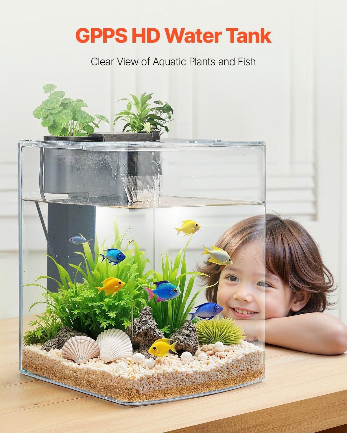image-VEVOR Fish Tank Aquarium, 2 Gallon Arch Ultra-Clear GPPS Starter Smart Tank Adjustable 3 Color Lighting, Self Cleaning System Fishbowl for Freshwater & Saltwater Fish Home, Office, or Pet Use