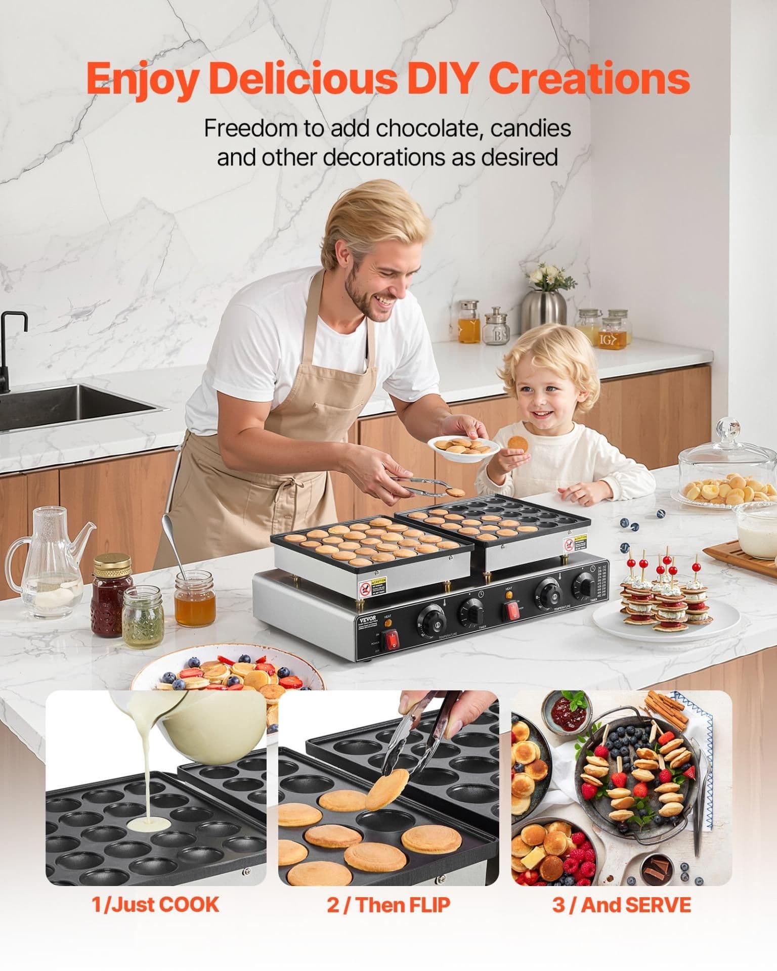 image-VEVOR 50-Piece Mini Dutch Pancake Maker - 1800W Stainless Steel