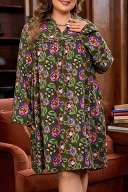 image-Green Floral Collared V Neck Mini Dress Plus Size