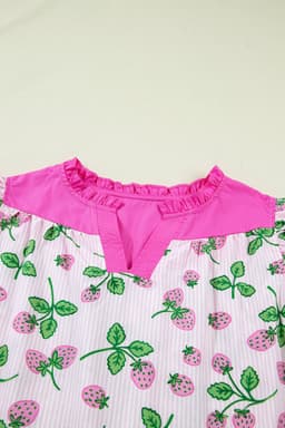 image-Pink Striped Strawberry Blouse - V Neck Flutter Sleeve