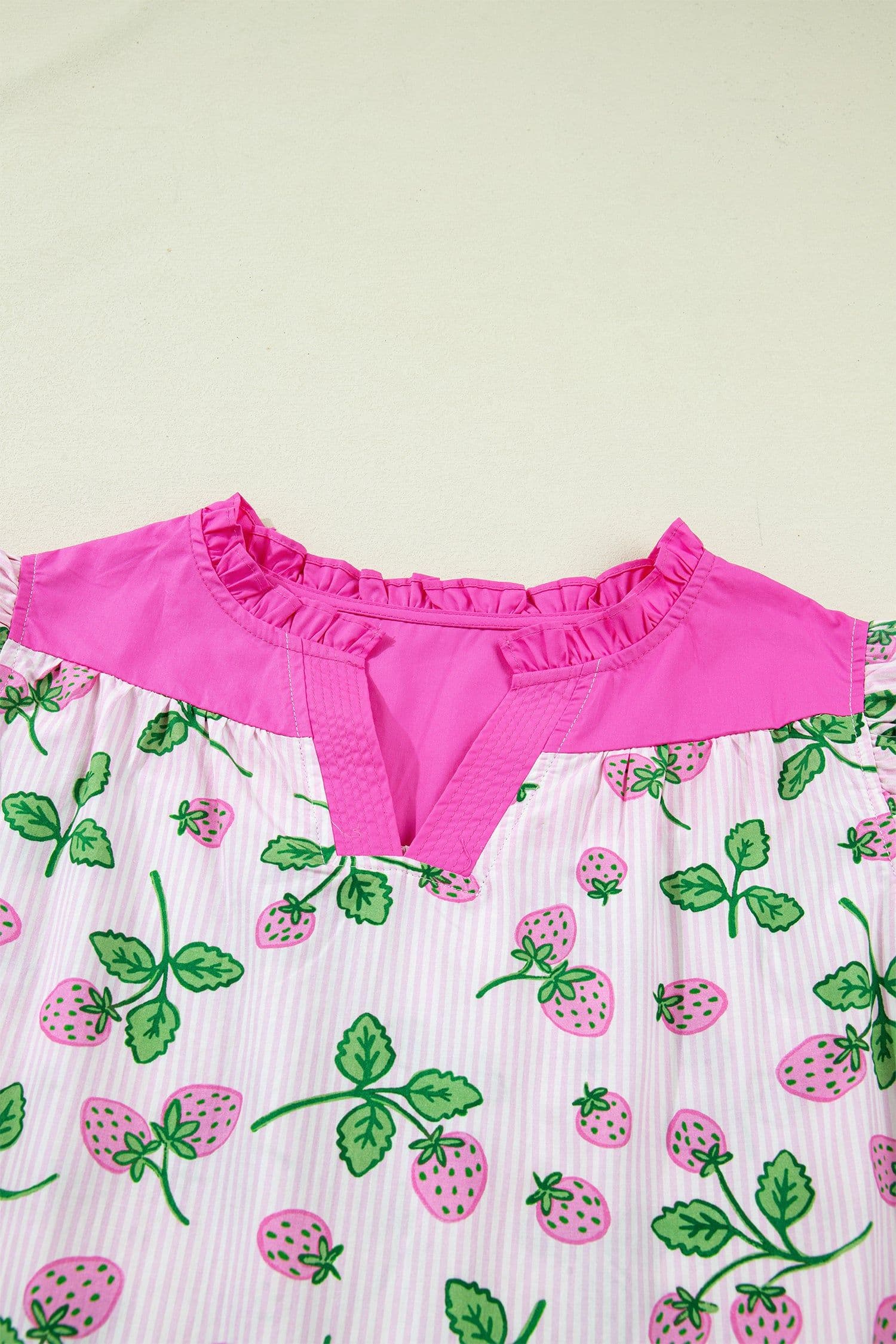 image-Pink Striped Strawberry Blouse - V Neck Flutter Sleeve