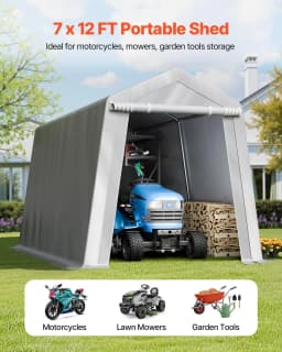 image-VEVOR Outdoor Storage Shed, 7 x 12 ft Portable Storage Tent with Roll-up Door, Waterproof Canopy Shed Shelter, Heavy Duty Frame, Patio Garage Carport for Motorcycle, Lawn Mower, Bike, Grey